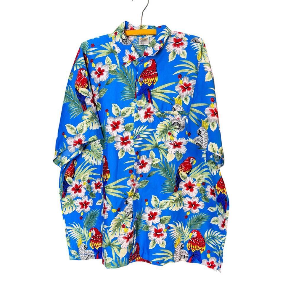 Rima Tropical Hawaiian Shirt XL Parrot Floral Blue Silky Button Front Aloha
